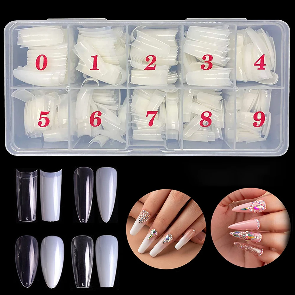 

Full Cover Acrylic False Nail Tips 500PCS Fake Nail Shape Artificial with box False Nails Tips 10 Sizes Nail Art Salons Home DIY