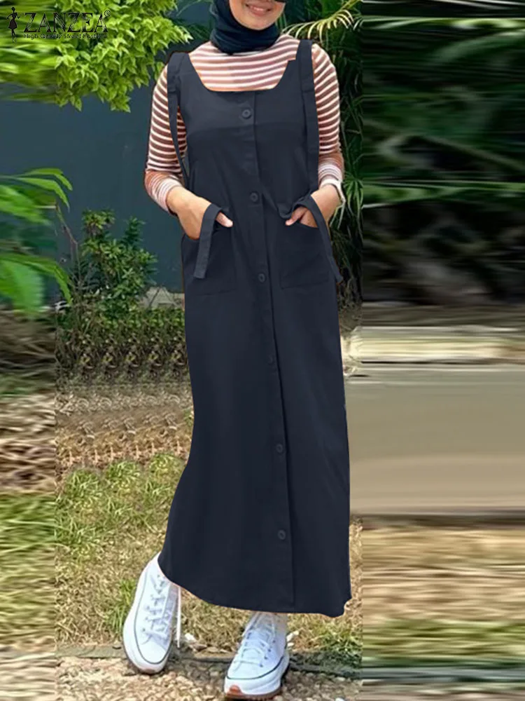 

Комбинезон ZANZEA женский с квадратным вырезом, модный винтажный Однотонный сарафан на бретелях-спагетти, мусульманская абайя из Дубая, Турция, лето