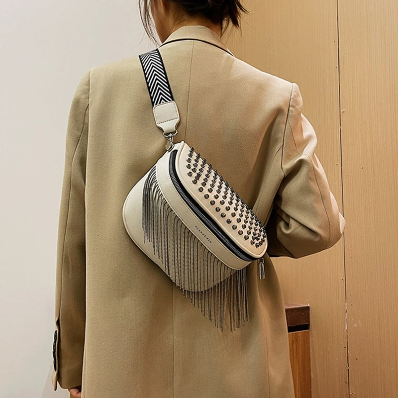 Casual Travel Bag for Women Fashion Tassel Sling Chest PU Leather Waist Belt Pack Bags Crossbody Bags