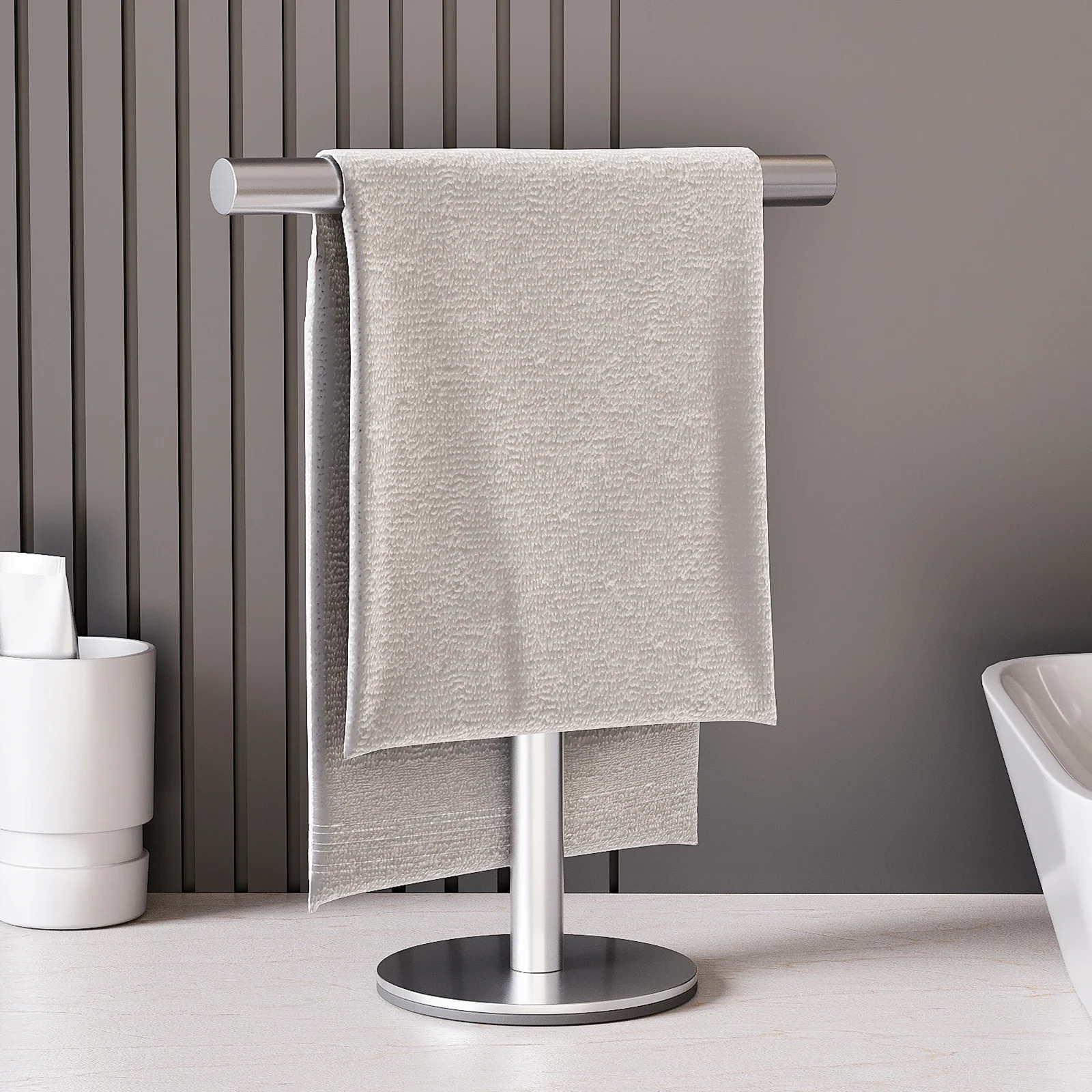 1pc Modern Freestanding Stainless Steel Towel Rack, T-Shape Hand Towel Holder with Sturdy Base, No Power Required, for Bathroom