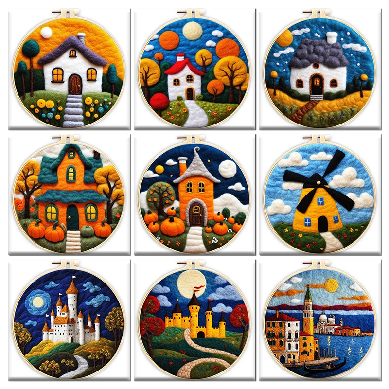 GATYZTORY 20x20cm Wool Felting Painting Kit Kit House Landscape Funny Diy Felt Crafts Package Felt Needle For Handicraft