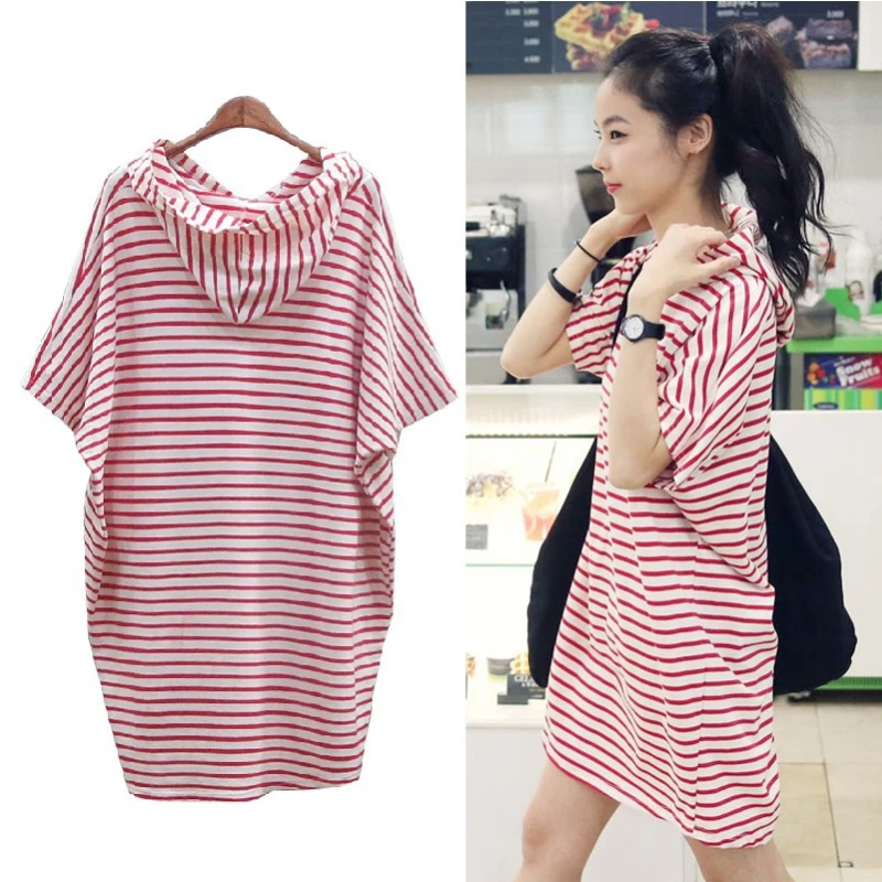 

Summer Women's 2024 Large Size Loose Hooded Mid-Length Bat Sleeve Striped Comfortable Dress Top