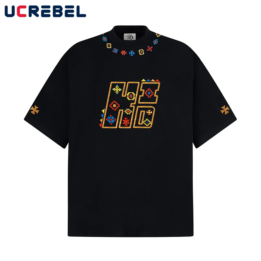 Geometrische Stickerei Kurzarm T-shirt Herren Sommer High Street Rundhals Lose Halbarm Baumwolle T-shirt Männer