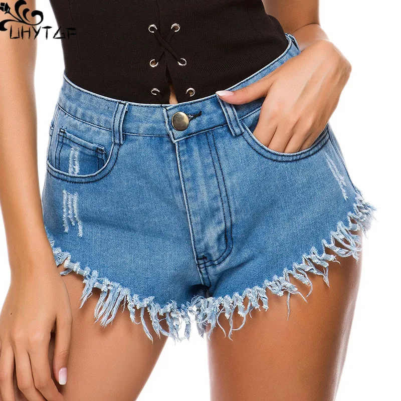 

UHYTGF Denim Shorts Women's Summer Fashion Sexy High Waist Ripped Raw Edge Street Wear Nightclub Female Cowboy Shorts Hot Pants