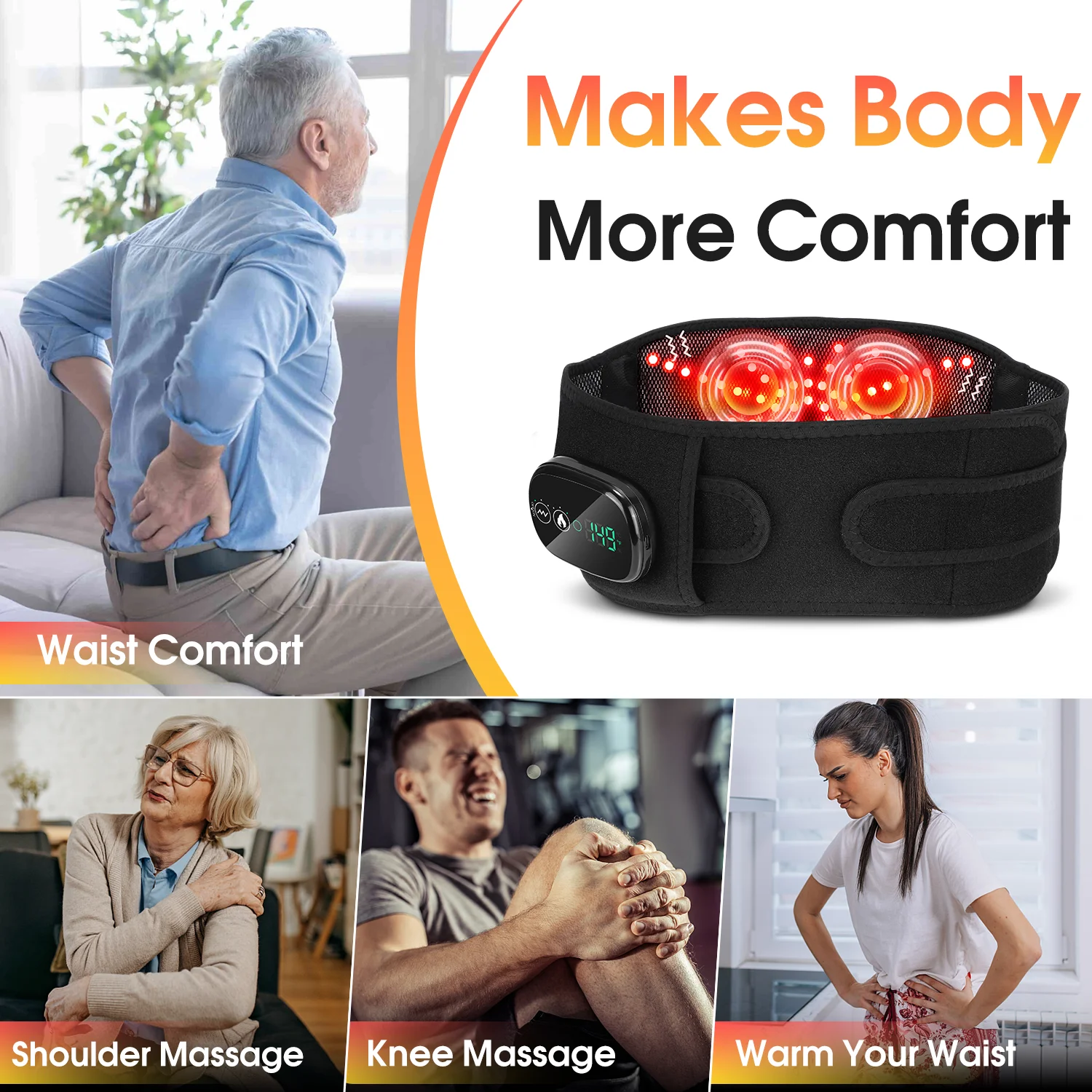 Heating Vibration Waist Massage Belt Red Light Therapy Belt Spine Decompression Lumbar Support Brace Relax Muscle Waist Massager