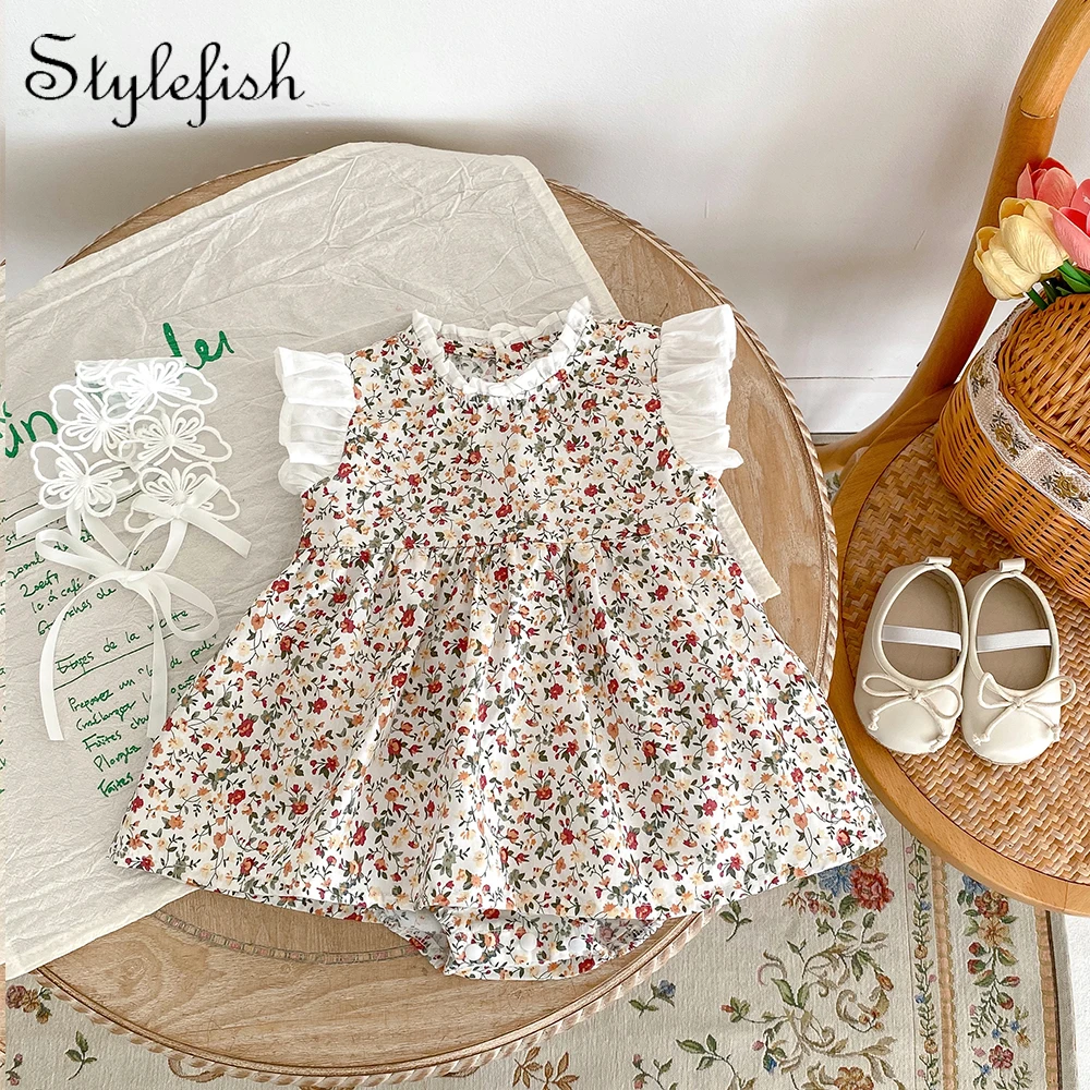 

INS Summer New Girls' Baby Bodysuit Infant Cotton Round Neck Flying Sleeve Triangle Romper Bodysuit Climbing Dress