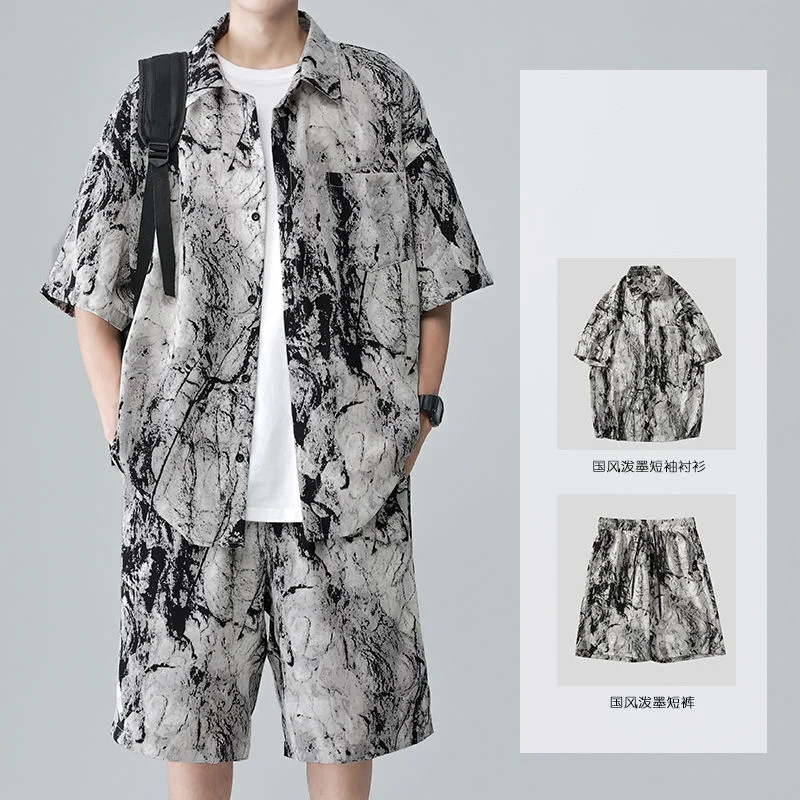 

Ice Shreds Quick Drying Casual Printing Lapel Collar Motion Loose High Street Fashion Men Summer Shirt Comfortable Two Piece Set