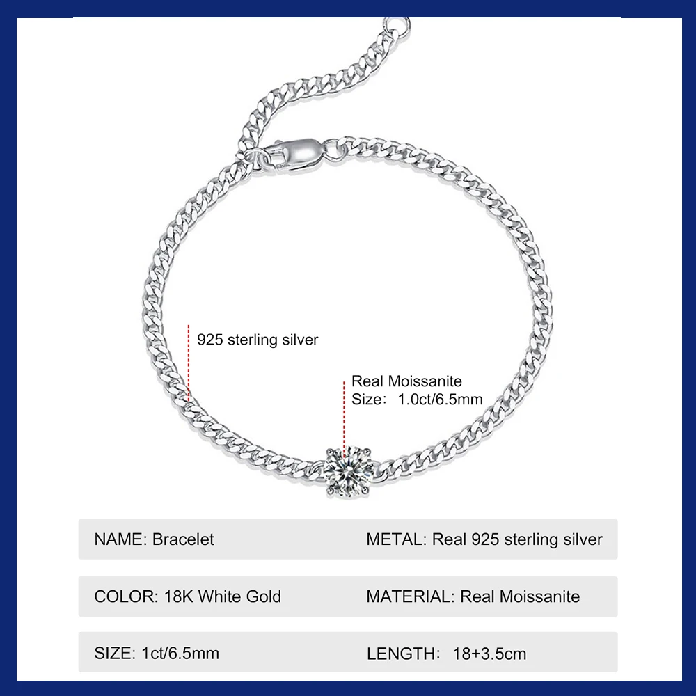 Bracciale Donna Moissanite Argento 925 1Ct Solitario Regolabile Con Catena E Certificato GRA