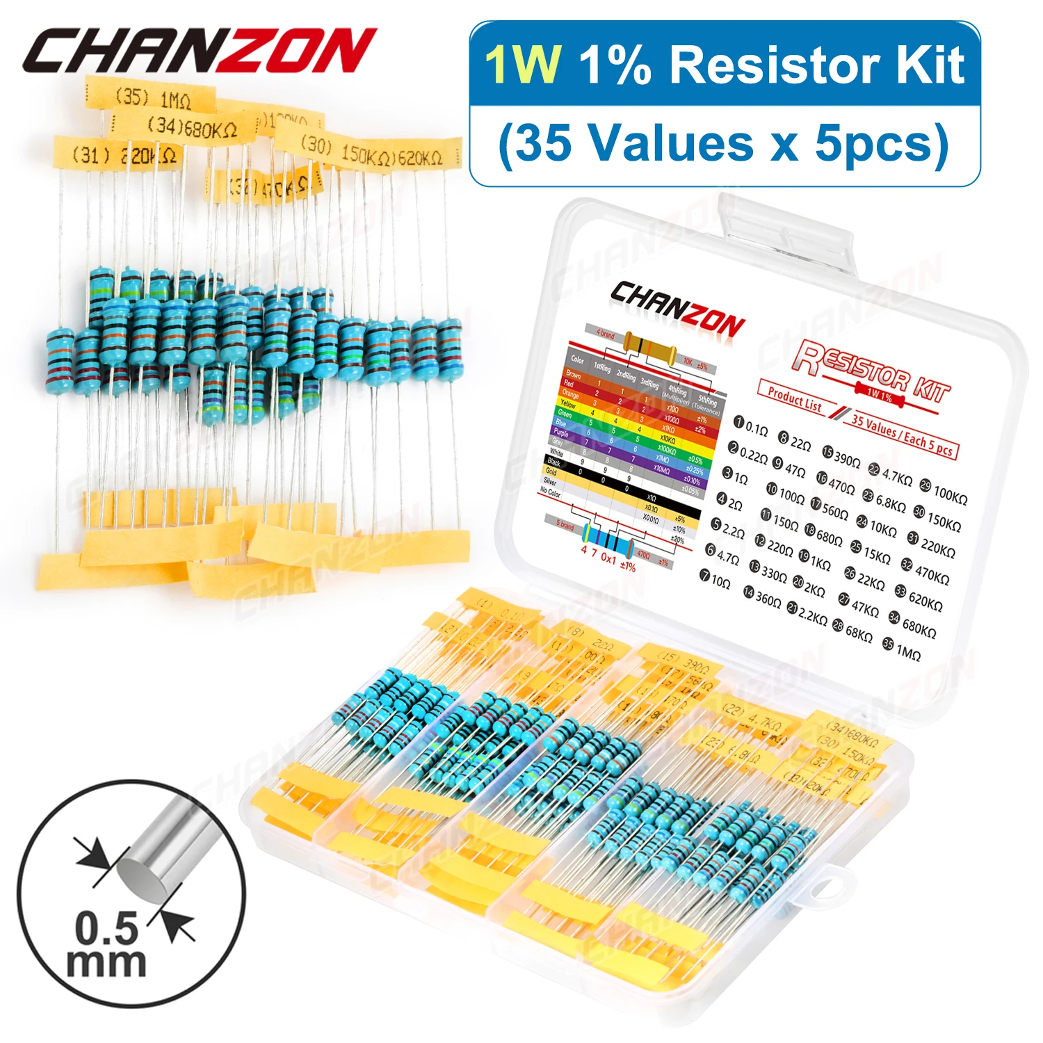 175pcs/Pack 35 Values 1W 1% High Precision Metal Film Resistors Kit 10 100 470 4.7K 10K Ohm 1 W Watt Resistance Assortment Set helldivers precision expert pack pc