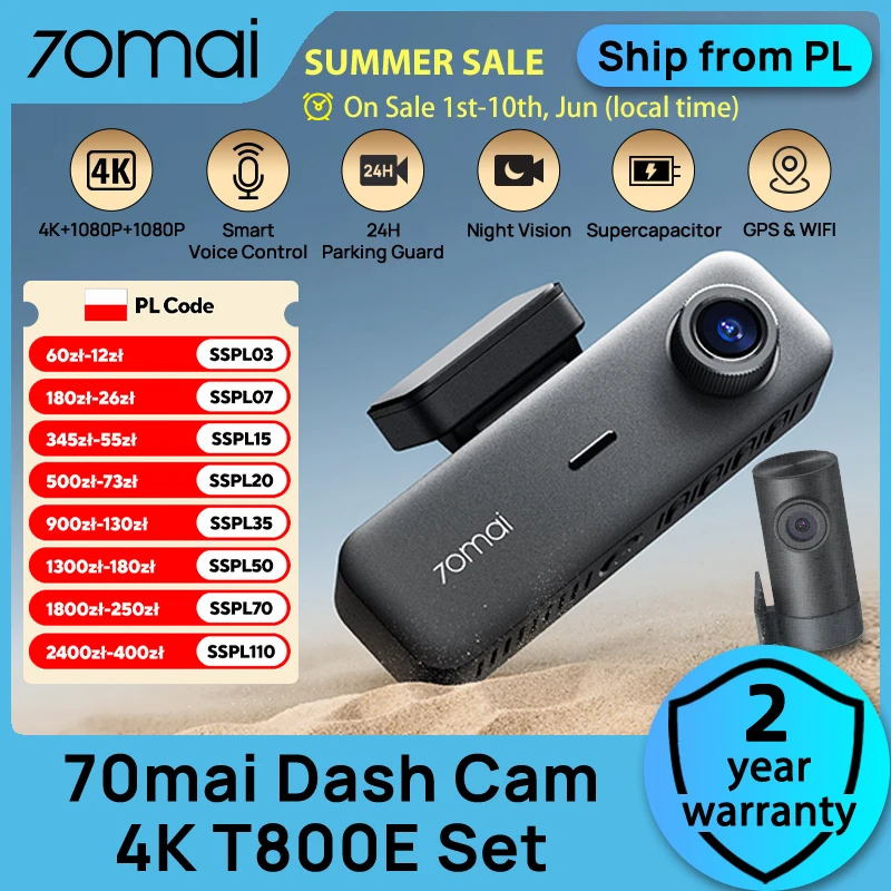 Kamera samochodowa 70mai 3-Channel Dash Cam T800E 4K HDR za $74.73 / ~277zł
