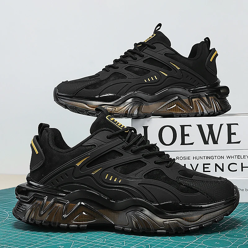 Men's High-Top Running Shoes - Breathable Synthetic Upper, Comfortable Cushioning and Durable Rubber Sole, Suitable for Year-Round Training, Fitness, Jogging - Black with Gold Accents, Sneakers, Streamlined Athletic Design, Lining Fabric