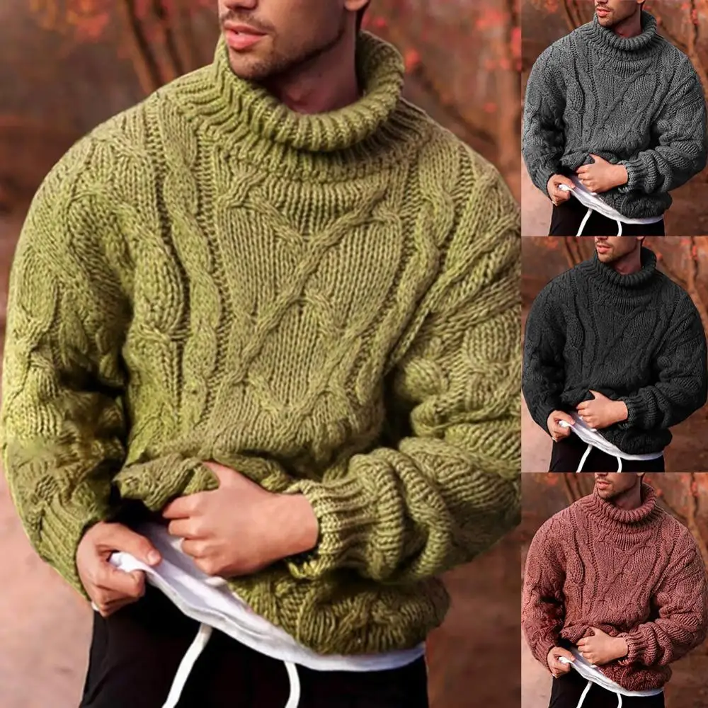 

Winter Autumn Cotton Solid Color Men Slim Fit Pullover Sweater Fashion Warm Men's Twist Braid Knit Turtle-Neck Jumper свитер