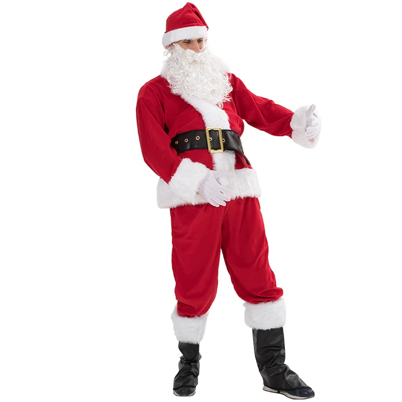 Costume da babbo natale completo di natale vestito da travestimento per adulto vestito da babbo natale con cappello da uomo costumi Cosplay 7 pezzi