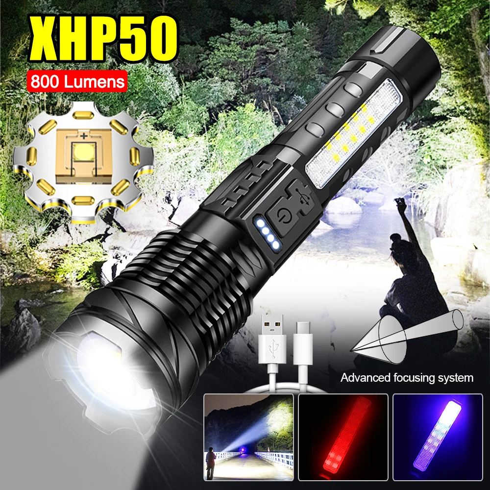 

Portable LED Flashlight Zoom USB Charging Torch with Multi-color Side Lamp Outdoor Warning Light for Camping Hunting