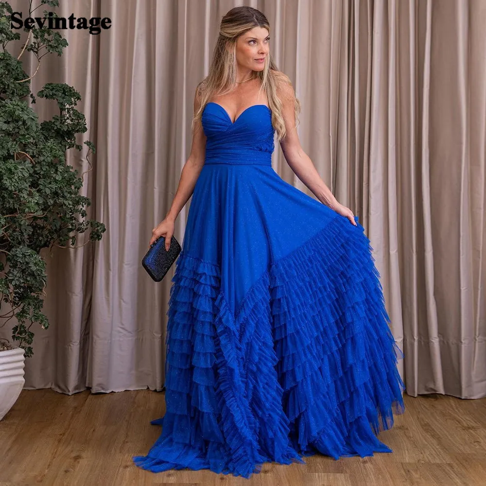 

Sevintage Shiny Tulle Royal Blue Layered Skirt Formal Prom Dresses Women Pleats Floor Length Evening Gowns Wedding Party Dress