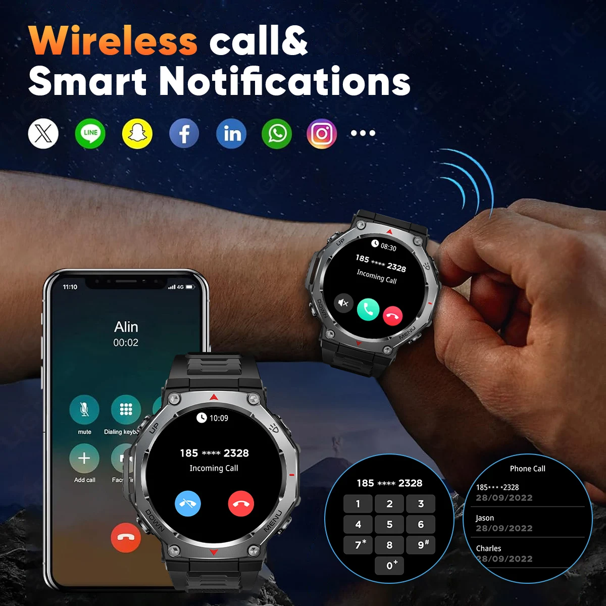 LIGE 2025 New Military Smart Watch With Flashlight UV Lamp Men 5ATM Waterproof 525mAh Battery Outdoor Sports Fitness Smartwatch