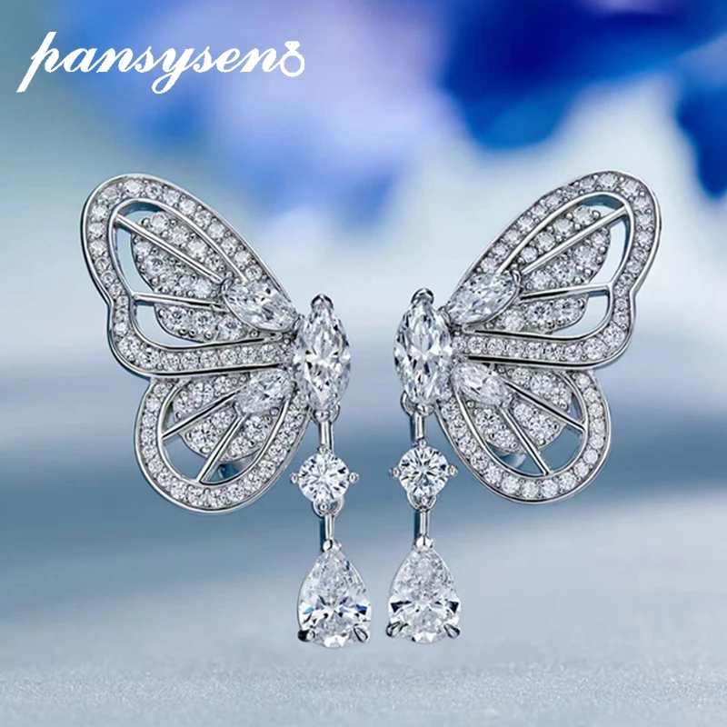 

PANSYSEN Classic 925 Sterling Silver Butterfly Simulated Moissanite Diamond Dangle Drop Earrings Wedding Party Fine Jewelry Gift