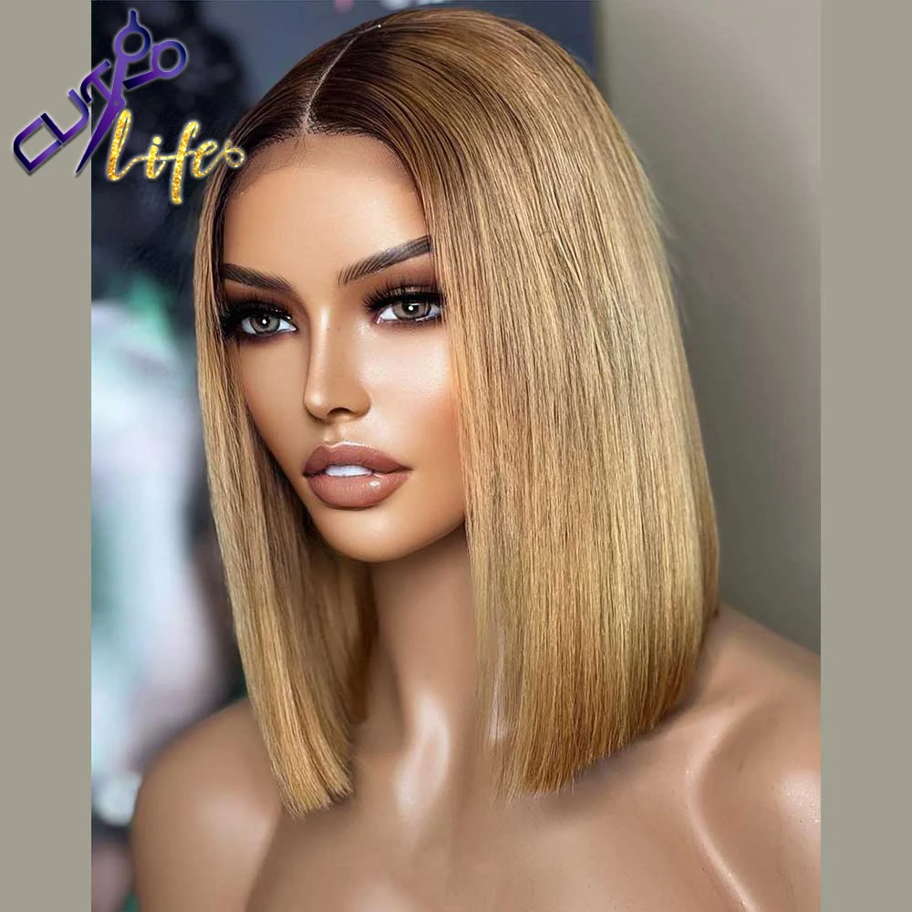 Brown Highlight Color Short Bob Cut Wigs 13x4 Lace Front Wig Human Hair Wigs Preplucked 4X4 Lace Closure For Black Women