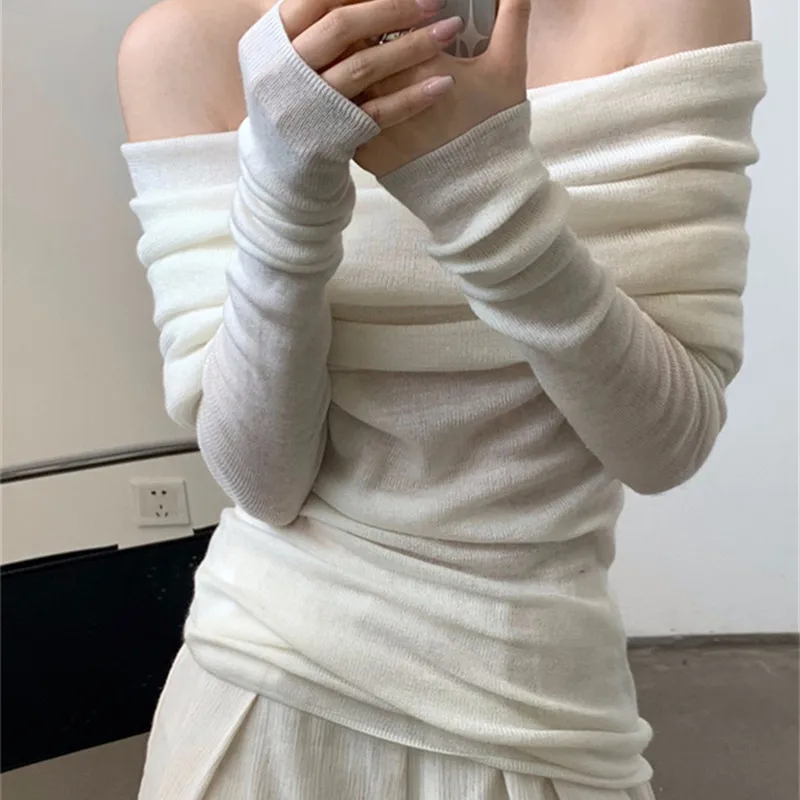 New Large Lapel One-word Shoulder Off-the-shoulder Long-sleeved Knitted Sweater Elegant Retro Casual Solid Color Pullovers