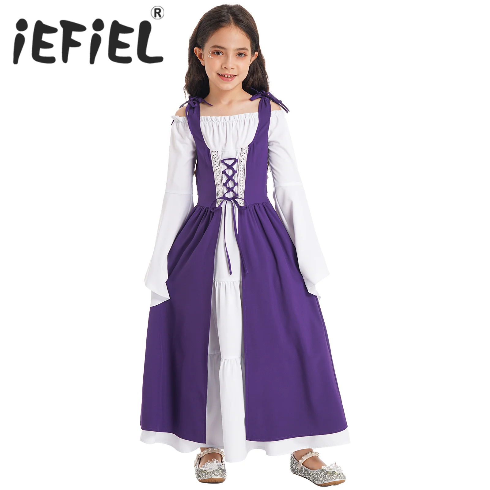 

Kids Girls Medieval Renaissance Costume Halloween Cosplay Dress Square Neck Long Sleeve Gown Dress for Carnival Party Roleplay