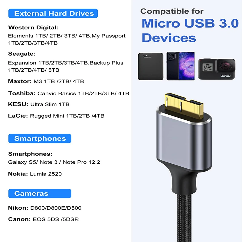 USB C - 마이크로 B 케이블 타입 C - USB 3.0 5Gbps 데이터 커넥터 어댑터 (휴대폰, PC, 맥북, 하드 드라이브, 디스크, 카메라, HDD, SSD 연결용)