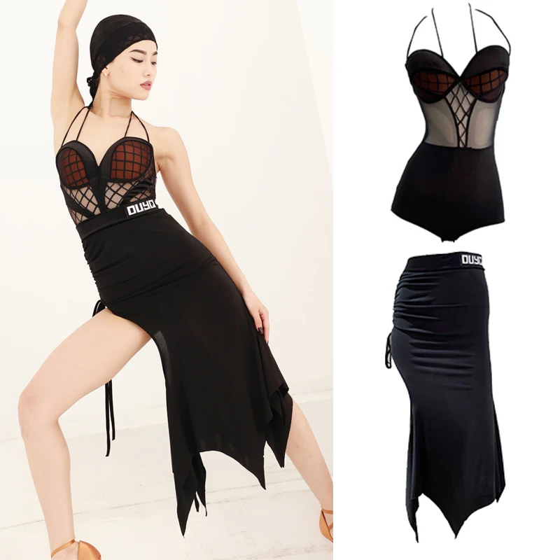 

New Backless Sling Mesh Panel Latin Top Drawstring Skirts Latin Dancing Clothes Women Latin Cha cha Rumba Practice Wear SL6134