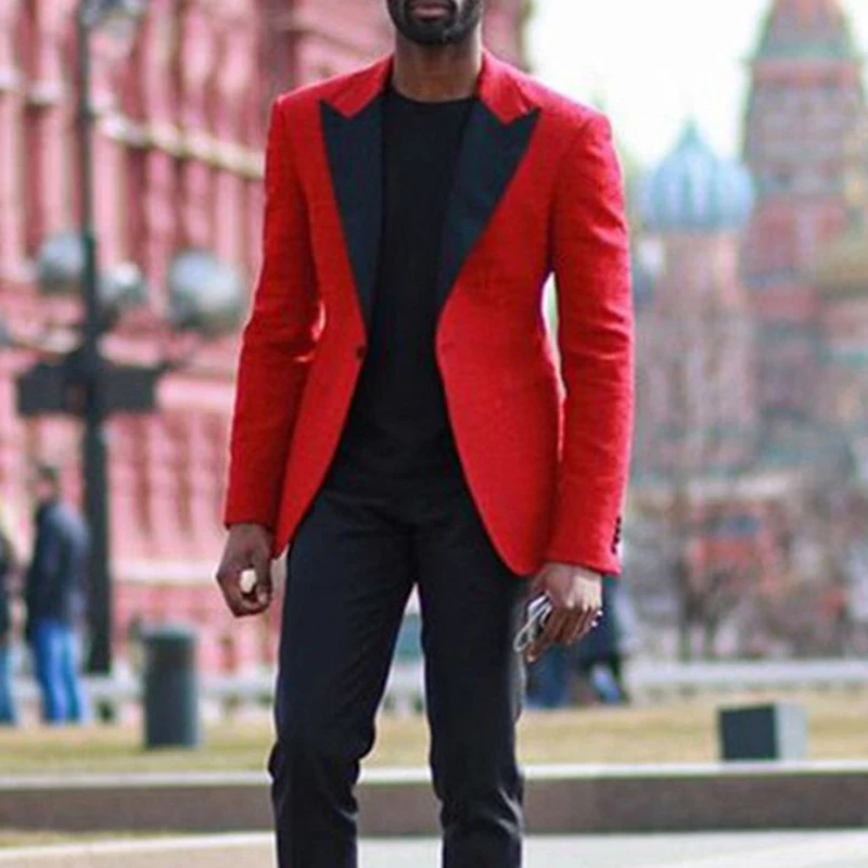 

2 Piece Men Suits for Prom Slim Fit Red Blazer with Black Pants New Wedding Groomsmen Tuxedo Male Fashion African Costume