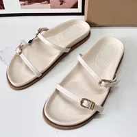 2025 Summer Outdoor Flat Women Slippers Comfortable Soft Sole Ladies Beach Shoes Chic Metal Buckle Belt Solid Female Slides - Image 3