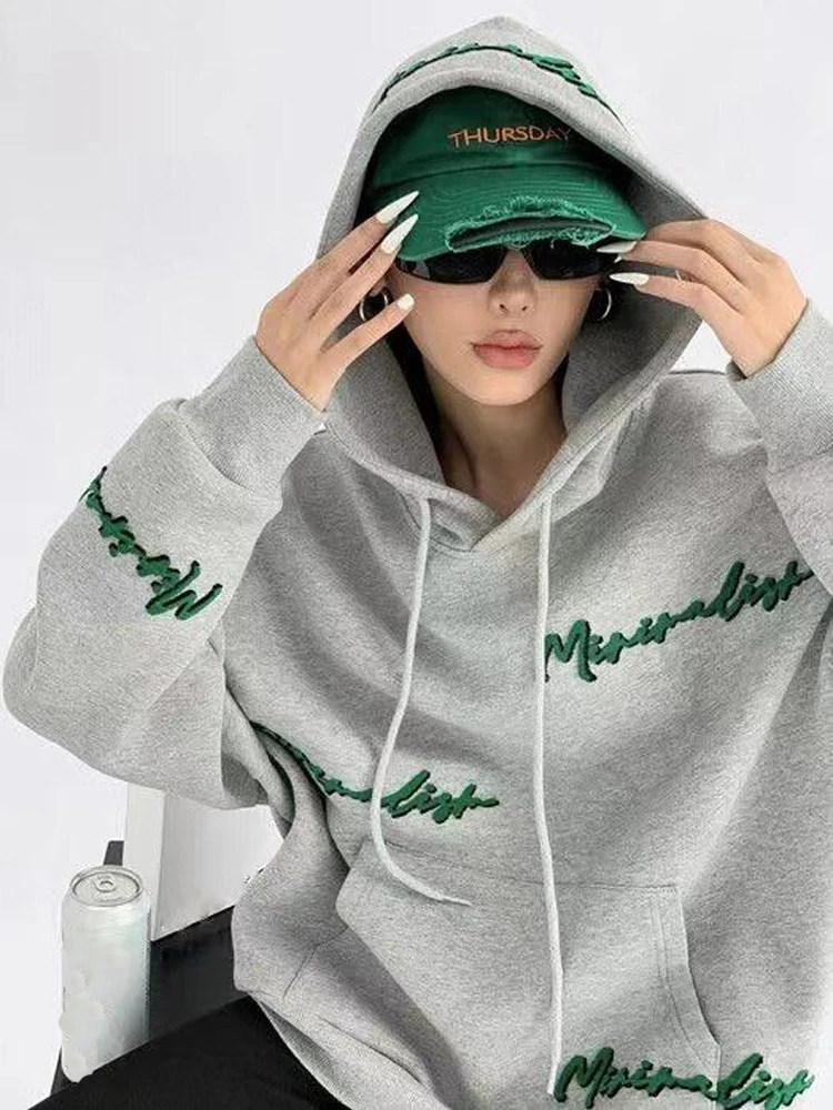 

Gothic style letter printing pattern embroidery loose Baita casual street clothes Hoodie Harajuku aesthetics oversize sweater