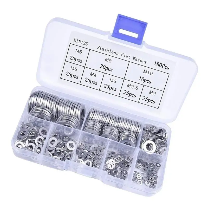 Assorted Washers Gasket Stainless Steel 180PCS Washers For Screws Fender Washers Flat Washers Rust Free 8 Sizes Hardware
