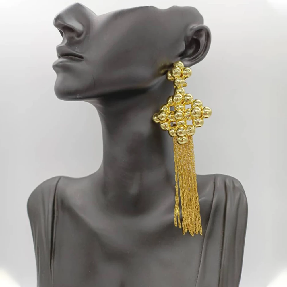 

Fashion Big Flower Drop Earrings Jewelry Gold Color Bohemian Tassel Design Copper Hanging Long Earrings African Wedding Party