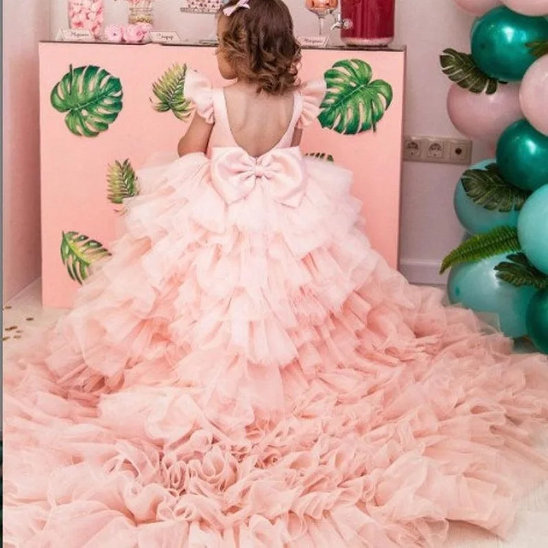 

Luxury Hi-Lo Pink Tiered Girl Pageant Gowns with Long Train Sexy Backless Flower Girl Dress for Wedding Kids Birthday Party Wear