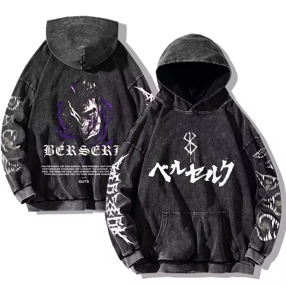 Mens Berserk Hoodies Gothic Print Vintage Washed Hoodie Hip Hop Streetwear Cotton Sweatshirts Harajuku Casual Hooded Pullover 5