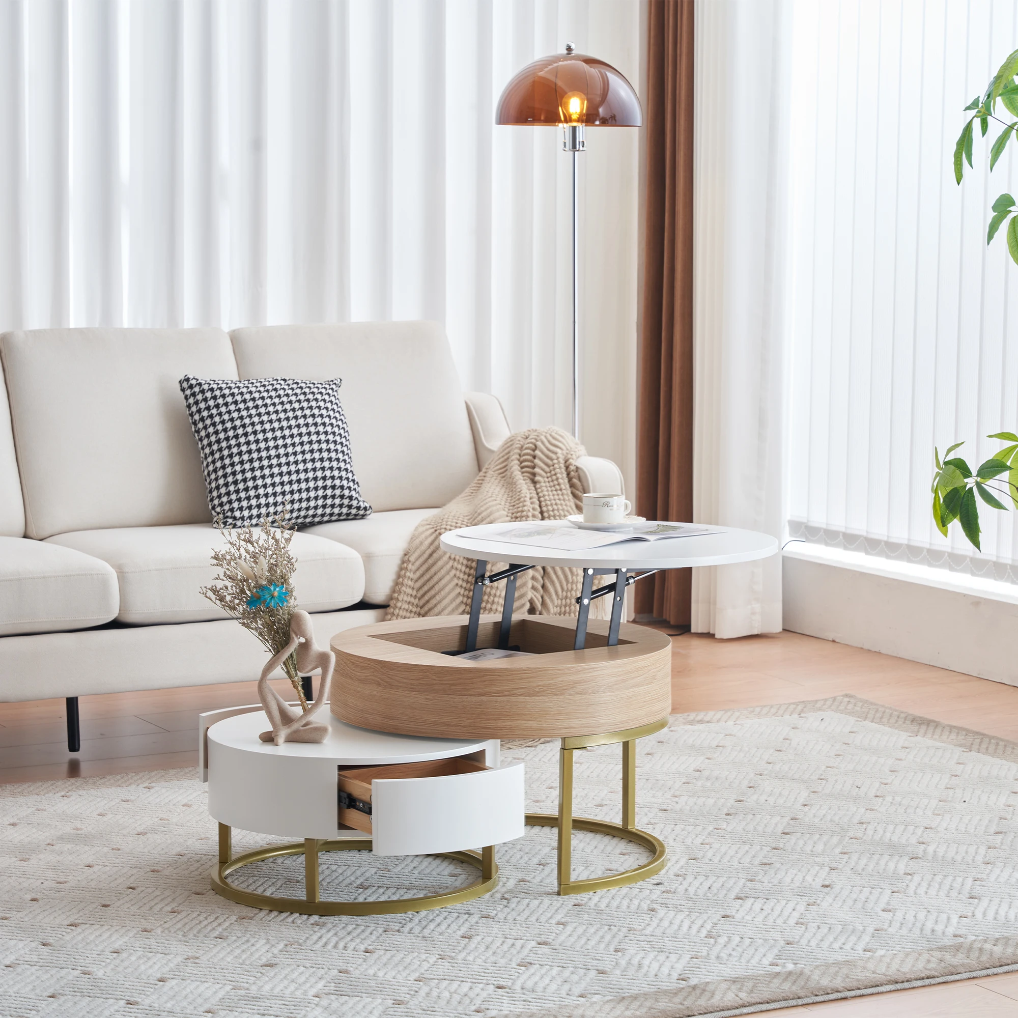 Goldene Satztische, klappbare Couchtischkombination, Beistelltisch mit zwei Schubladen. 2-teiliges Set. – Detail 23