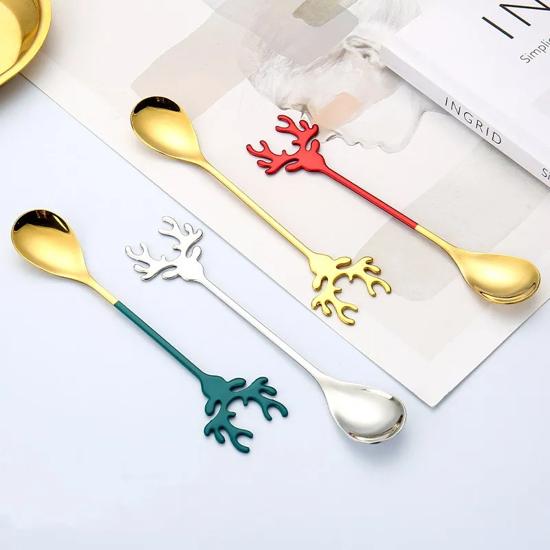 304 Stainless Steel Elk Coffee Spoon Ice Cream Dessert Teaspoon For Christmas Gifts Kitchen Accessories Tableware Decoration