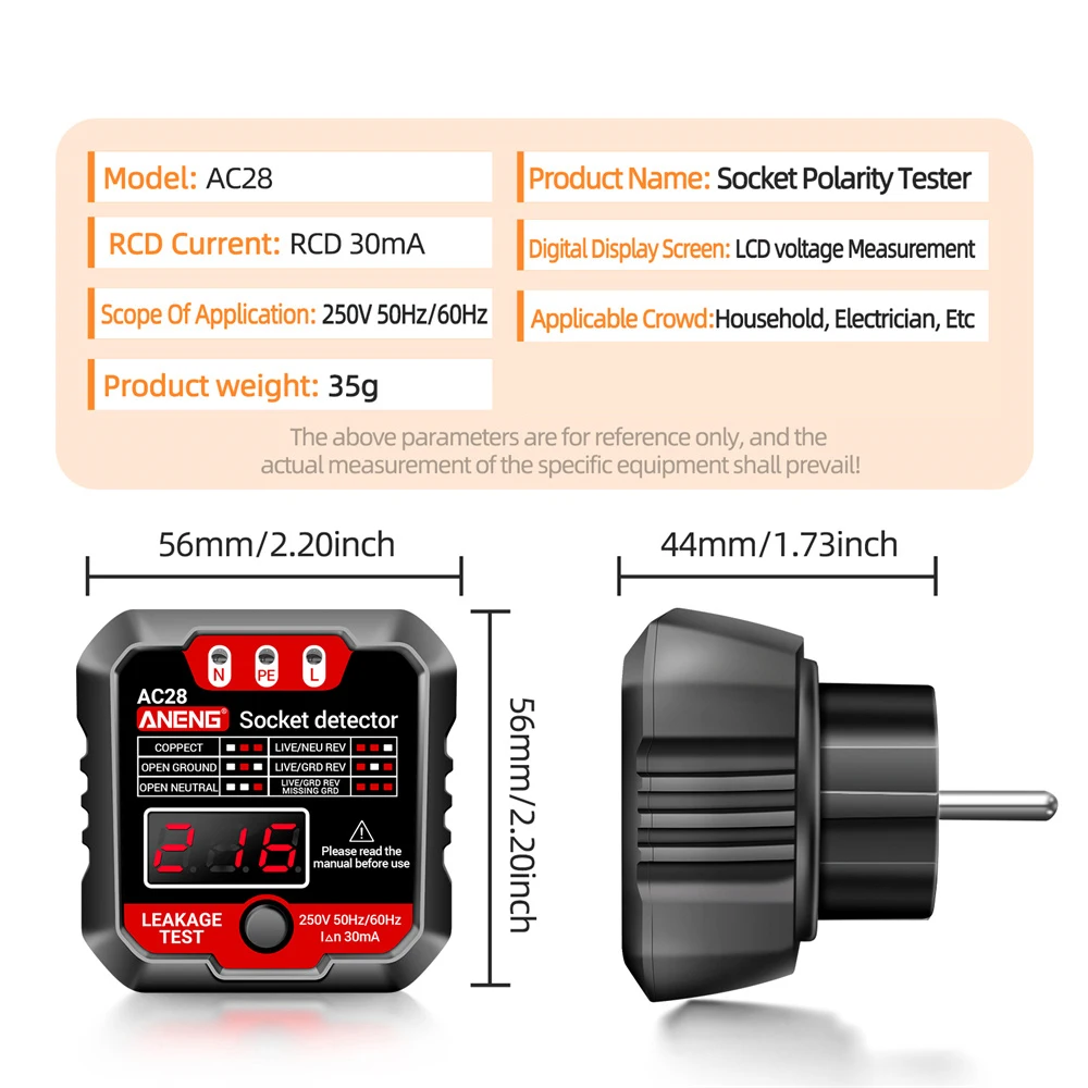 ANENG AC28 Digital Socket Power Tester 250V 50Hz/60Hz Socket Polarity Detector EU/US Plug Voltage Tester Circuit Breaker Finder 6