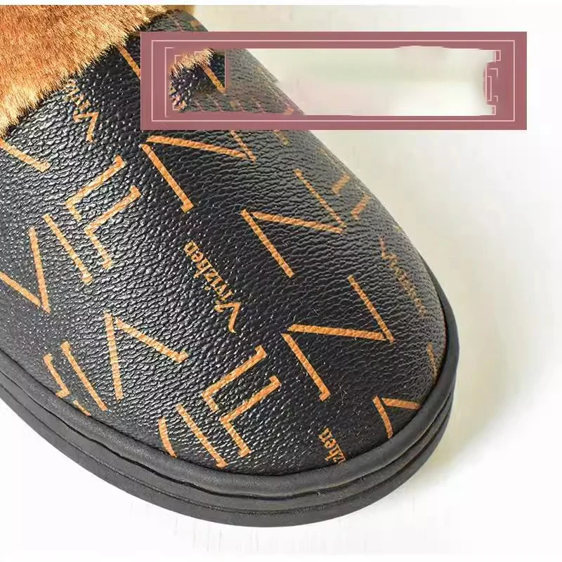 New home leather slippers for couples in autumn and winter warm waterproof anti slip fashionable indoor cotton slippers 2
