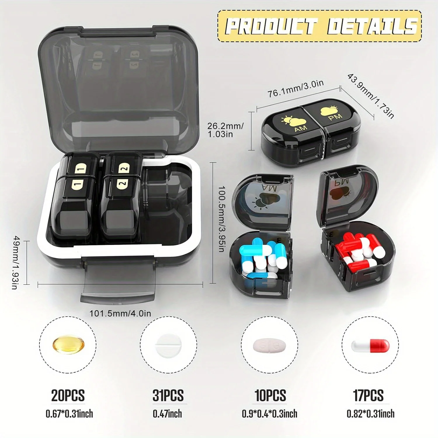 Pill Box Organizer Removable 2 Compartments Small Pill Box AM PM Portable 3 Day Travel Pill Organizer Daily Storage Container