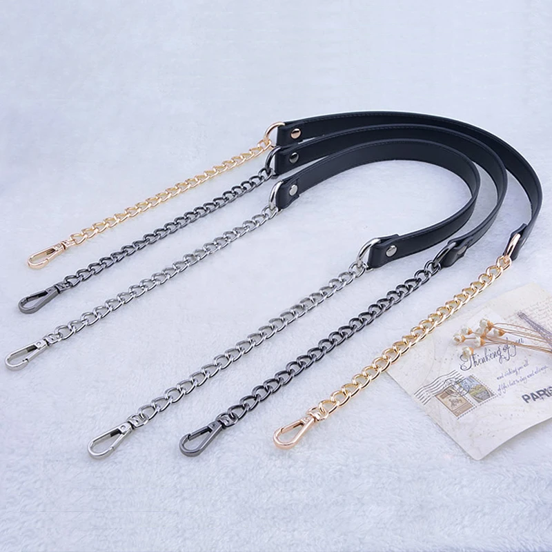 50cm-160cm Replacement Shoulder Crossbody Bag Strap Black PU Leather Handle with 9mm Gold, Silver, Gun Black Metal Chains