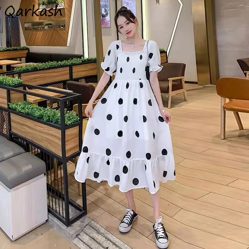 

Mid-calf Dresses Women Polka Dot Square Collar Pleated Ruched Ruffles Korean Style Summer Ulzzang Sweet Girlish Tender Stylish