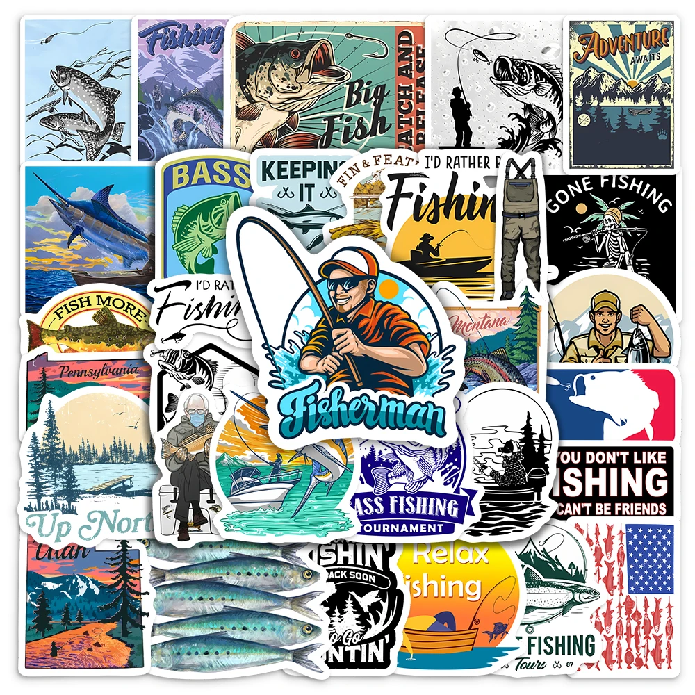 Travel Fisher Go Fishing Outdoor Stickers for Laptop Luggage Phone Scooter Fish Decal for Kids Children Gift Toys Waterproof PVC