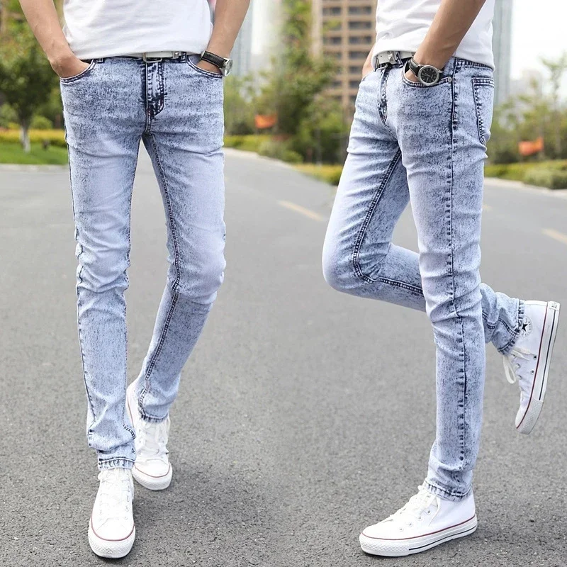 Men's Skinny Gray Sky blue Denim Jeans New Fashion Men Pencil Pants Slim Jeans Men Skinny Long Jeans
