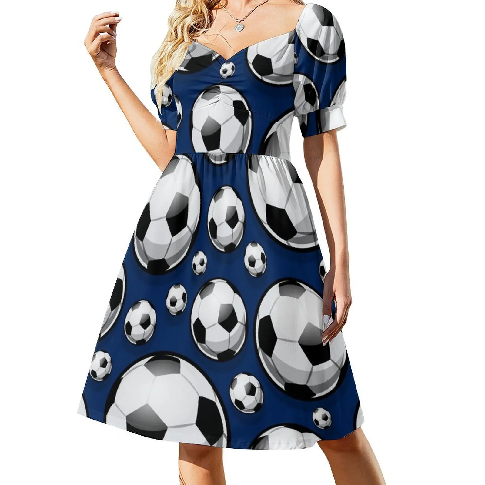 thumbnail image 1 of Vestido de noche de manga corta con estampado de balón de fútbol azul para mujer, 1 of 8