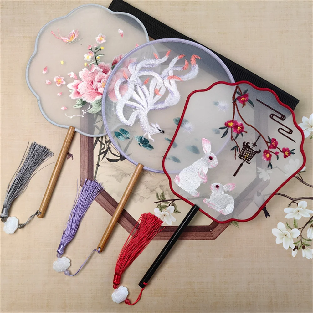 Flower Embroidered Wooden Handle Fan for Dance Wedding Hanfu hand fan,wooden hand fan