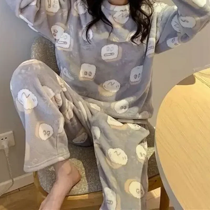 

Winter Home Autumn Trousers Set Flannel Cute Women Pajamas Soft Two-piece Women's For Long-sleeved Wear Clothes Simple Warm Set
