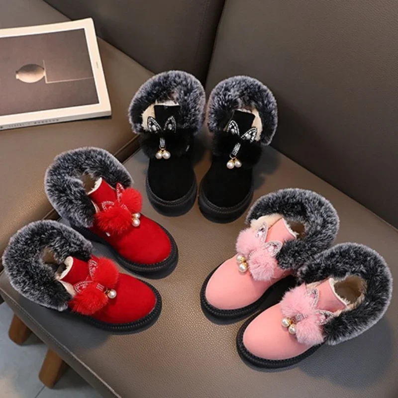 Fashion Kids Warm Ankle Boots Princess Winter Luxury Rhinestone Girls Thermal Boots Furry Hairy Soft Children Plush Cotton Boots