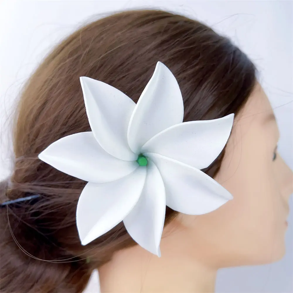 

10pcs White 8cm Roll-edged 7-petal Foam Tiare Flower Hair Pick Tahiti Gardenia Ear Flower Hula Wedding Party Hair Accessories