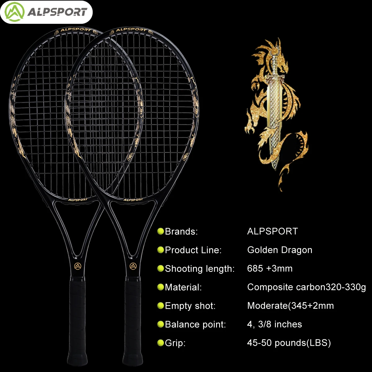 ALPSPORT Pro Tennis Racket T800-18K Carbon Fiber with Bag for Training Men & Women