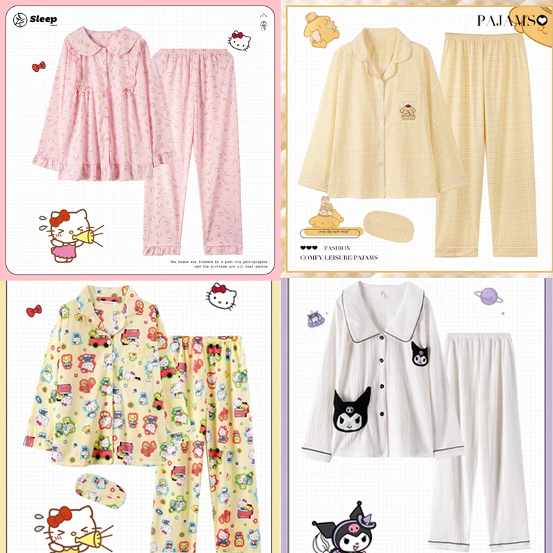 

New Anime Hello Kitty Cotton Pajamas Autumn Long Sleeves Kawaii Kuromi Leisure Wear Suit Simple Exquisite Design Halloween Gifts