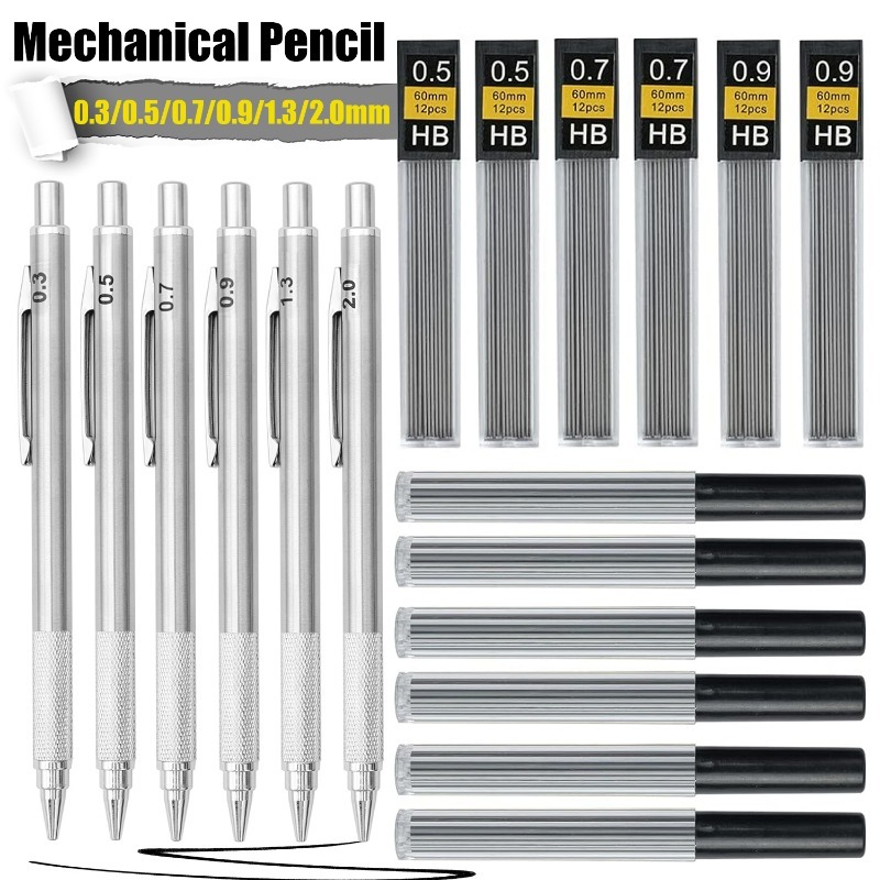 Metal Mechanical Pencil 0.3/0.5/0.7/0.9/1.3/2.0mm Art Drawing Automatic Pencil Replacement HB Leads Refills Home School Supplies